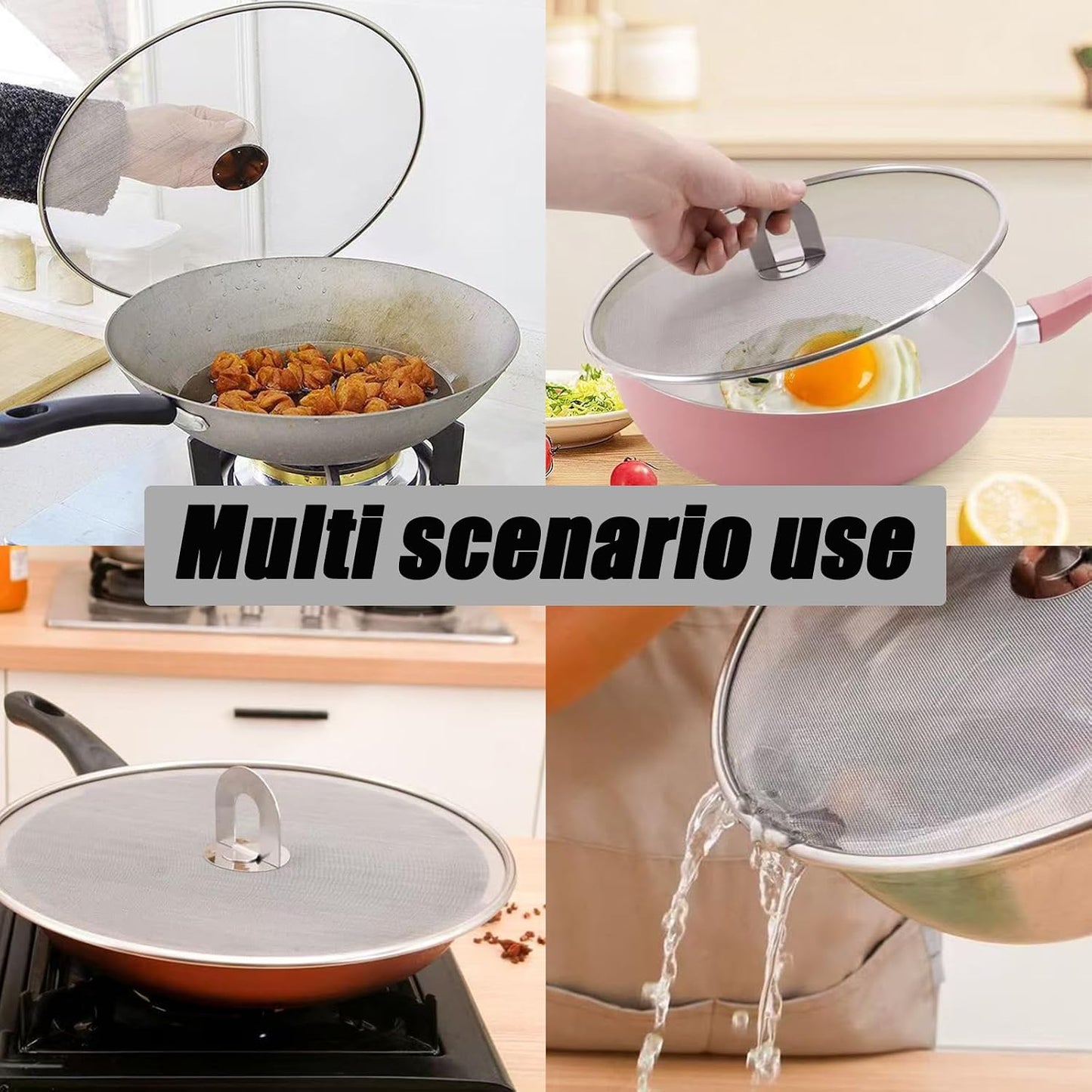 3 Pcs Splatter Screen for Frying Pan with Silicone Handle (9.8", 11.4", 13"), Stainless Steel Grease Splatter Guard for Kitchen Frying Pan Cooking to Prevent Oil Splatters