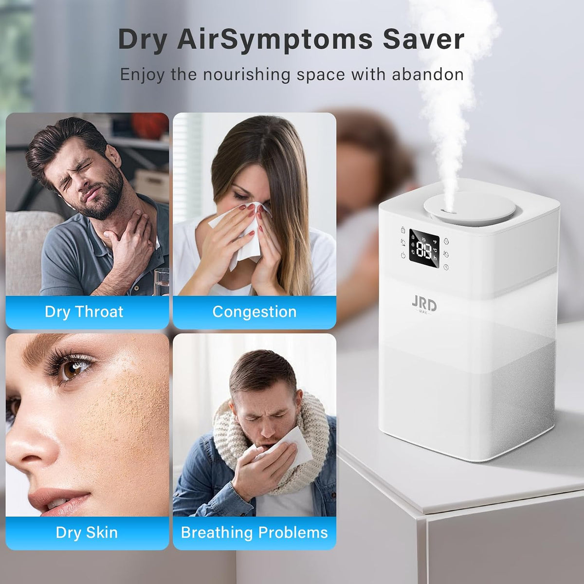JRD 4L Humidifiers for Bedroom, Cool Mist Humidifier for Large Room, 40H Runtime, 360° Nozzle, Night Light for Home, Office, Baby Nursery, Plants（White）