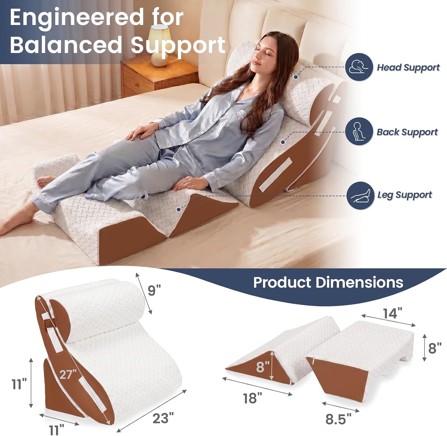 5PCS Wedge Pillow Set for After Surgery, Adjustable Orthopedic Foam Bed Wedge Pillow for Acid Reflux, GERD & Heartburn Relief, Back & Leg Elevation Support for Sleeping & Sitting Up, White Grey