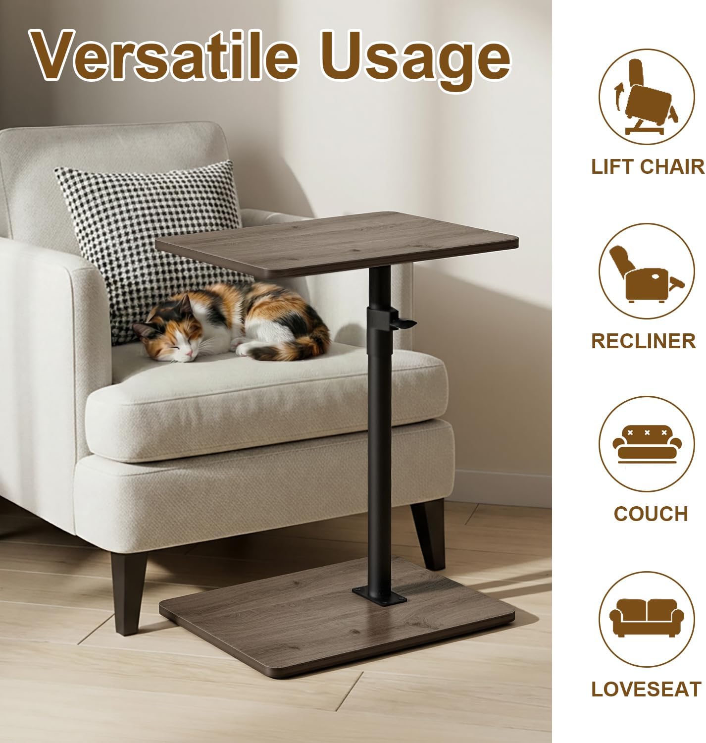 YUHFERA Sofa Armrest Tray Table for Couch - 360° Swivel Height Adjustable End for Small Spaces, Snack Side Table for Bed or Chair with Phone & Tablet Slot (Rustic,Standard)