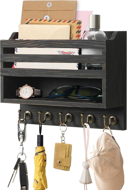 Key Holder Wall Mount with Mail Organizer, 5 Key Hooks, Brown | Wood Mail Organizer Wall Mounted with 5 Key Hooks & Storage Box and Mail Organizer for Entryway, Apartment, Home and Office