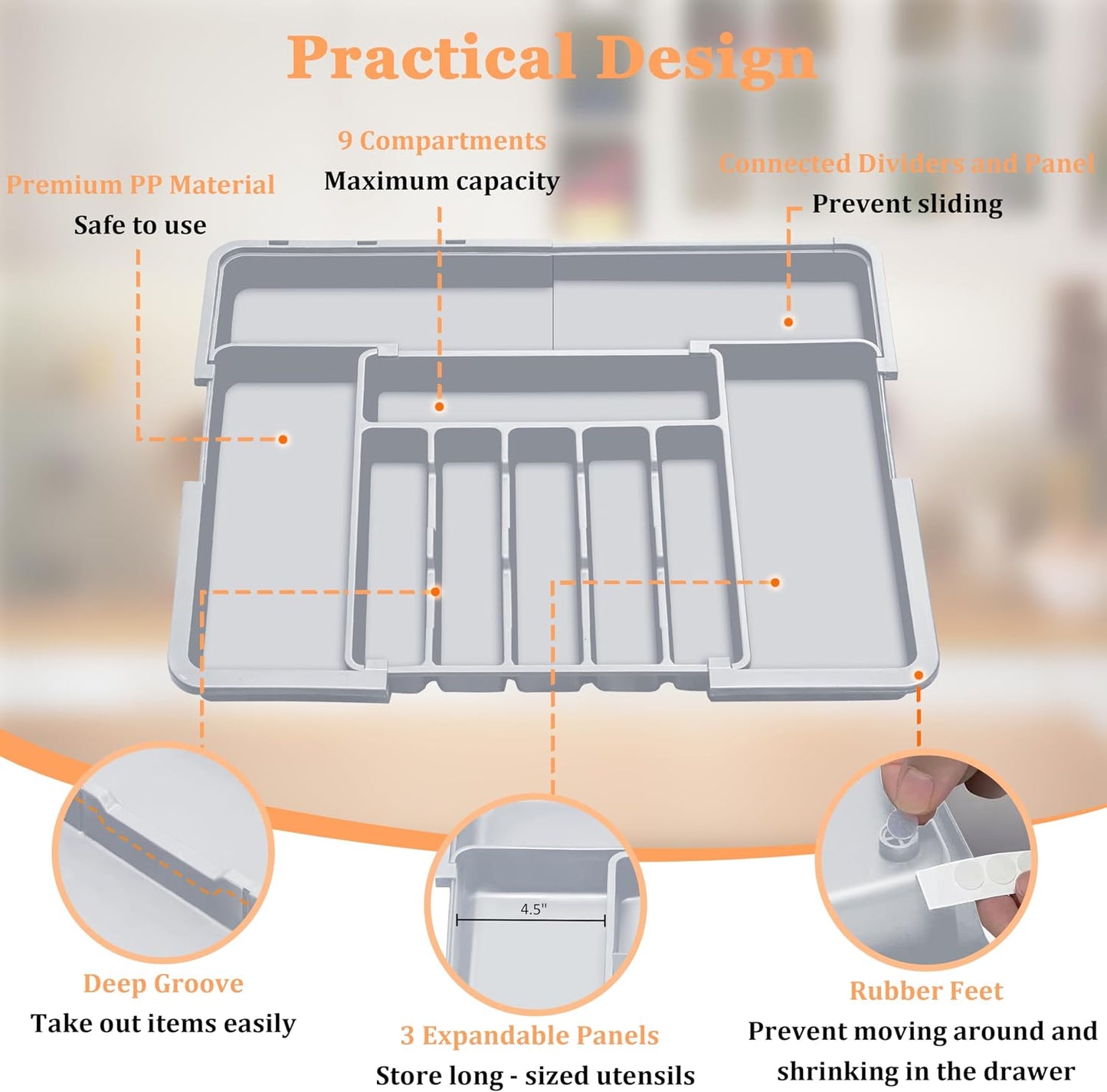 Large Silverware Drawer Organizer Expandable Kitchen Utensil Organizer BPA Free Flatware Cutlery Holder Tray Adjustable Plastic Drawer Divider Storage for Forks Knives 6-9 Slots White