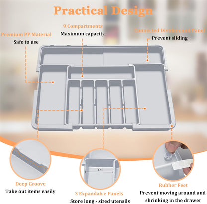 Large Silverware Drawer Organizer Expandable Kitchen Utensil Organizer BPA Free Flatware Cutlery Holder Tray Adjustable Plastic Drawer Divider Storage for Forks Knives 6-9 Slots White