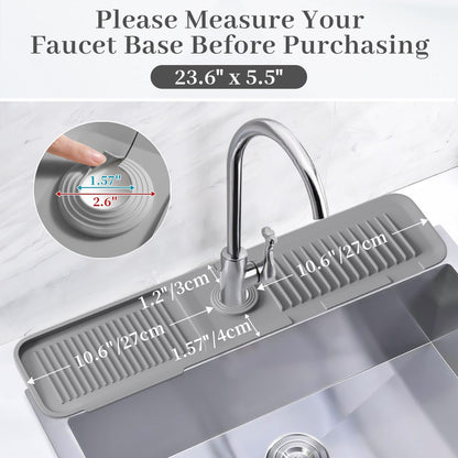 PoYang 23.6 Inch Silicone Sink Splash Guard, Kitchen Sink Mat, Light Grey | Faucet Mat with Wide Drainage & Cuttable Hole, Keeps Faucet Base Dry, Long & Short Sink Protectors for Kitchen, Bathroom & RV