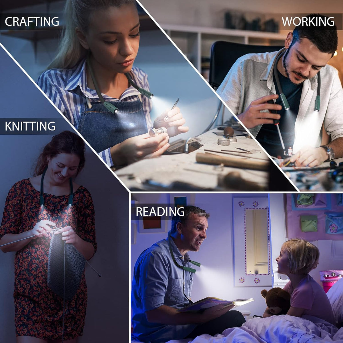 LUXJET Neck Reading Light & Book Light for Reading in Bed - Hands Free, 3 Colors & 6 Brightness Levels, 360° Flexible Arms, 80-Hour Rechargeable - Reading, Knitting, Camping, Repairing