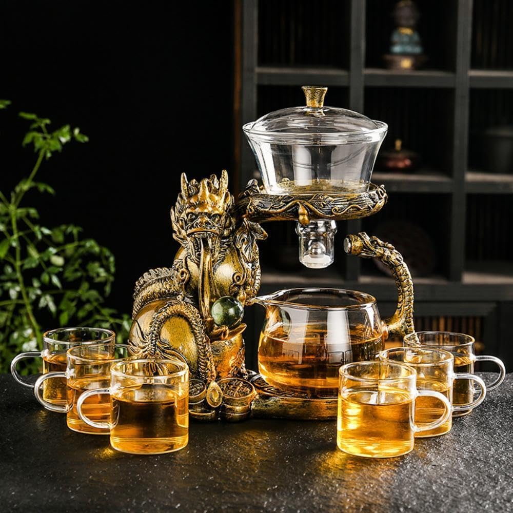 Glass Teapot Set with Infuser Semi Automatic Dragon Tea Set (Blue golden teapot)
