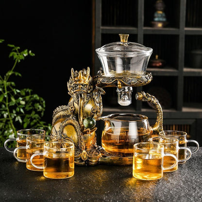 Glass Teapot Set with Infuser Semi Automatic Dragon Tea Set (Blue golden teapot)
