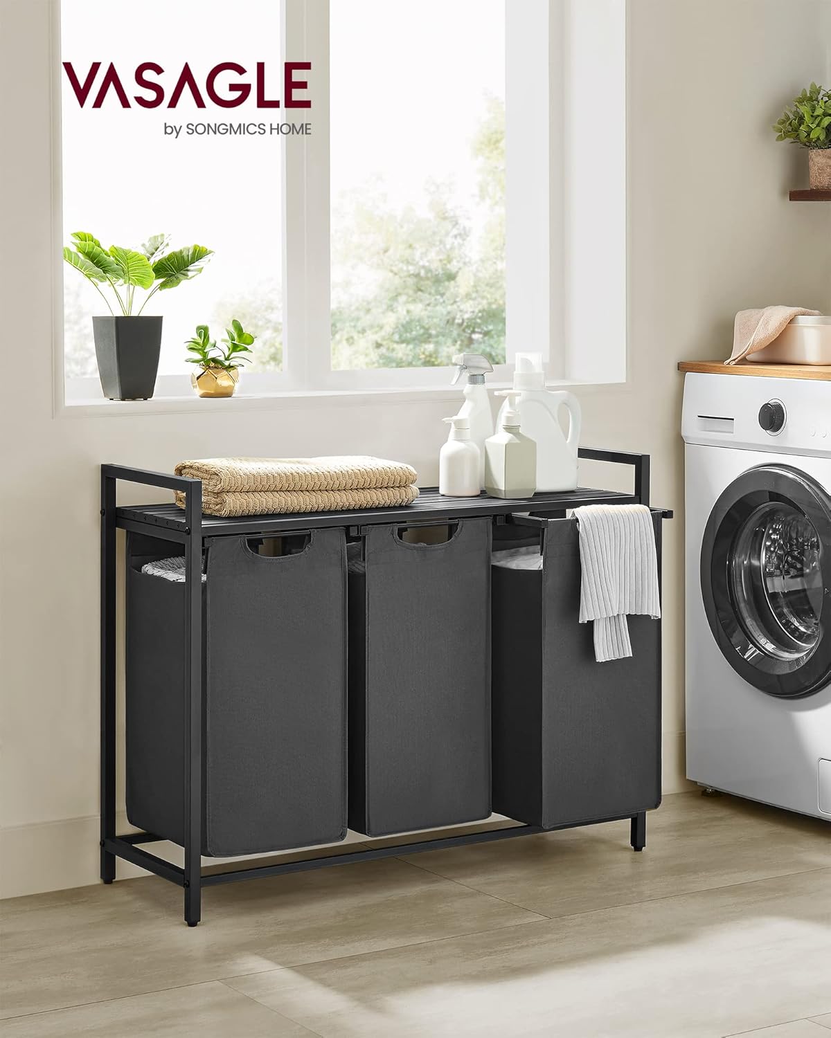 VASAGLE Laundry Hamper, Laundry Basket Sorter with 3 Pull-Out and Removable Bags, Shelf, Metal Frame, 3 x 10.6 Gallons (40 L), 36.4 x 13 x 28.4 Inches, Cappuccino Beige and Natural Beige UBLH301LH01