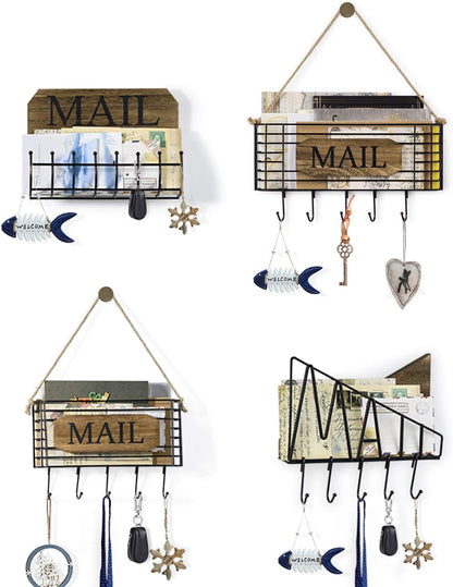 SRIWATANA Key Holder Wall Mount with 5 Hooks, Metal Mail Organizer, Black | Key Hooks for Wall, Mail Storage Basket, 10.8''L x 2.6''W x 4.5''H, Mail Holder for Wall for Home Office Entryway Hallway