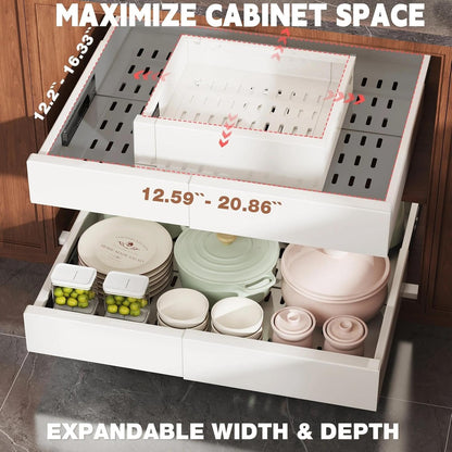 Seinloes Pull Out Cabinet Organizer,4-Side Expandable to Maximize Cabinet Space,Slide Out Drawers with 3 Rail Design,Roll Out Shelf with Raising Pad for Framed Cabinet,13"-21"W x 17"-24"D,White,2 Pack