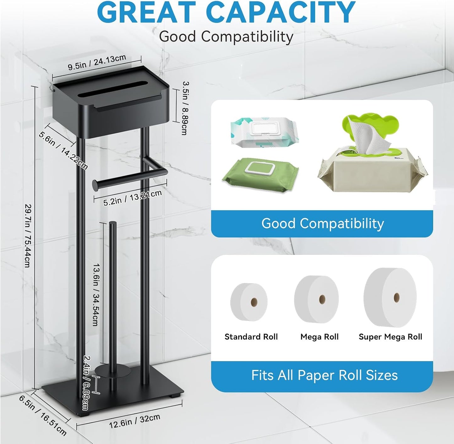 Toilet Paper Holder Free Standing - Toilet Paper Stand with Shelf | Storage for 4 Rolls- Bathroom Organizers, No Drill, for Large Toilet Rolls, 29.7 inch*12.6 inch (Matte Black)