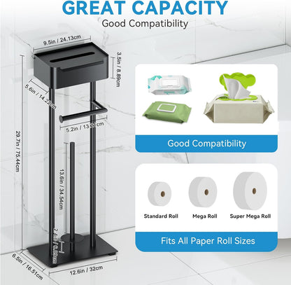 Toilet Paper Holder Free Standing - Toilet Paper Stand with Shelf | Storage for 4 Rolls- Bathroom Organizers, No Drill, for Large Toilet Rolls, 29.7 inch*12.6 inch (Matte Black)