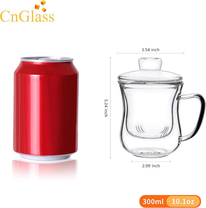 CNGLASS 12oz Double Walled Glass Tea Cup with Stainless Steel Infuser and Lid,Borosilicate Glass Tea Infuser Mug for Loose Tea,Teabag,Set of 1