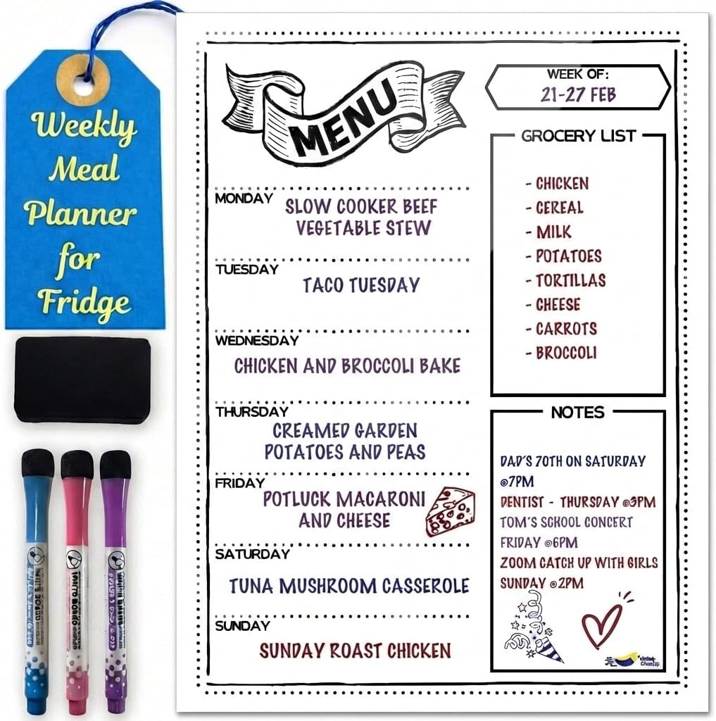 White Magnetic Dry Erase Weekly Menu Board for the Fridge | Weekly meal and dinner planner, 7-day grid, grocery and to-do lists, 12x16 inches, fits standard fridge, 3 markers, eraser