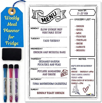 White Magnetic Dry Erase Weekly Menu Board for the Fridge | Weekly meal and dinner planner, 7-day grid, grocery and to-do lists, 12x16 inches, fits standard fridge, 3 markers, eraser