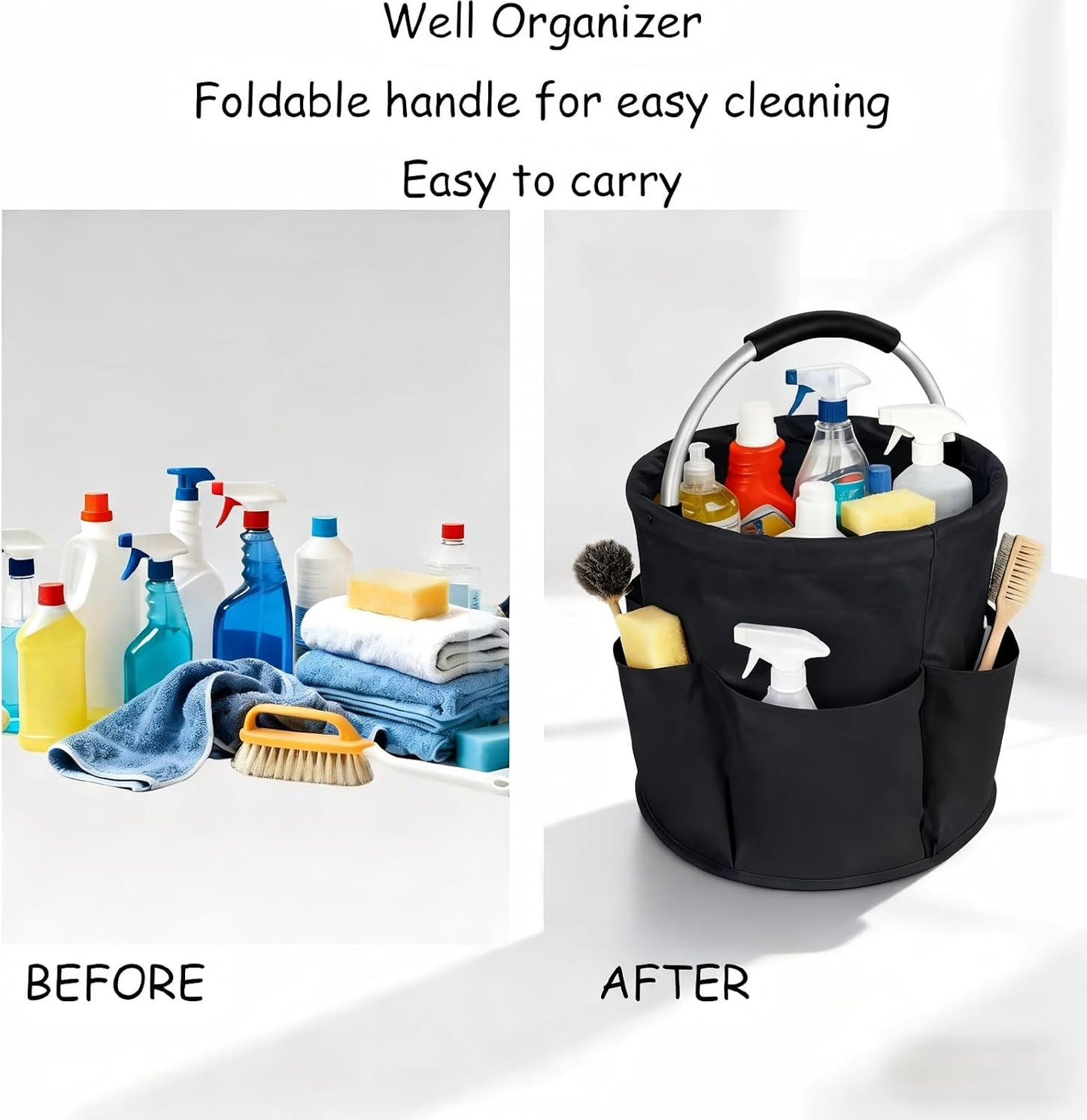 17L Cleaning Caddy with Handle, Portable Picnic Basket, Apple Picking Basket, Gift Basket, Collapsible Bathroom Storage Baskets for Dorm, Bathroom, Tool, Garden, Cleaning Supplies (Black)