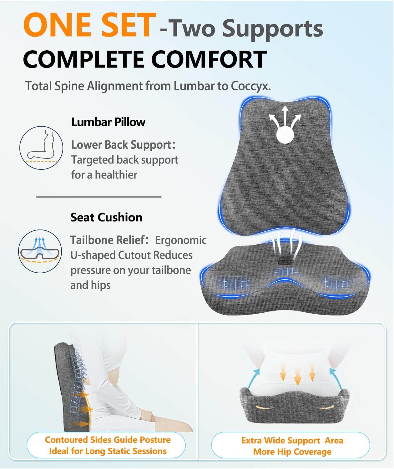 Lumbar Support Pillow & Seat Cushion for Office Chair, Memory Foam Office Chair Cushion for Tailbone Pain Relief and Lower Back Support, Ergonomic Desk Chair Cushion for Gaming,Wheelchair,Home