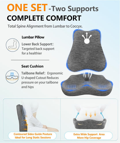 Lumbar Support Pillow & Seat Cushion for Office Chair, Memory Foam Office Chair Cushion for Tailbone Pain Relief and Lower Back Support, Ergonomic Desk Chair Cushion for Gaming,Wheelchair,Home