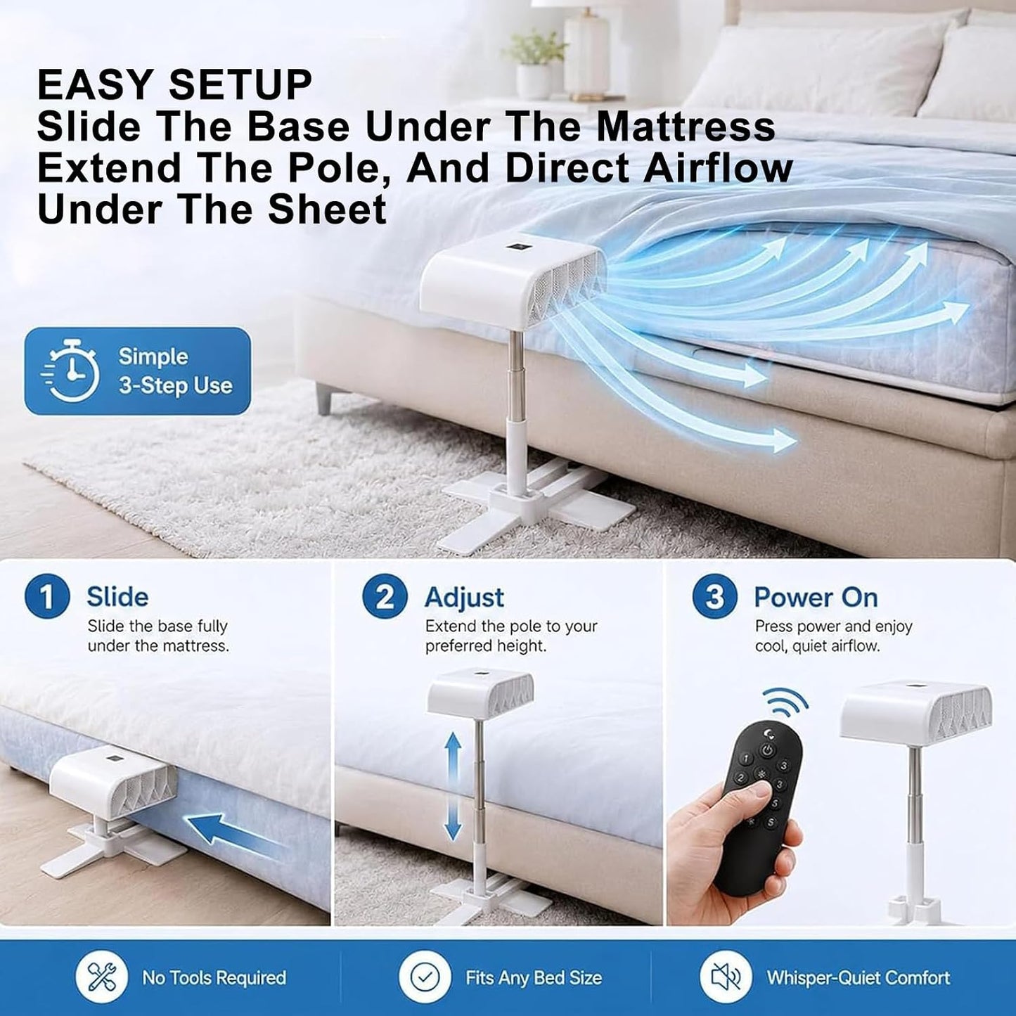 Bed Cooling Fan, Under Sheet Bed Cooling System With Adjustable Fan Speed, With 5 Speeds & Remote Control, Adjustable Height, 10000mah Rechargeable, For Hot Sleepers, Fits All Mattress Heights