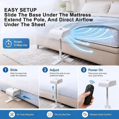 Bed Cooling Fan, Under Sheet Bed Cooling System With Adjustable Fan Speed, With 5 Speeds & Remote Control, Adjustable Height, 10000mah Rechargeable, For Hot Sleepers, Fits All Mattress Heights