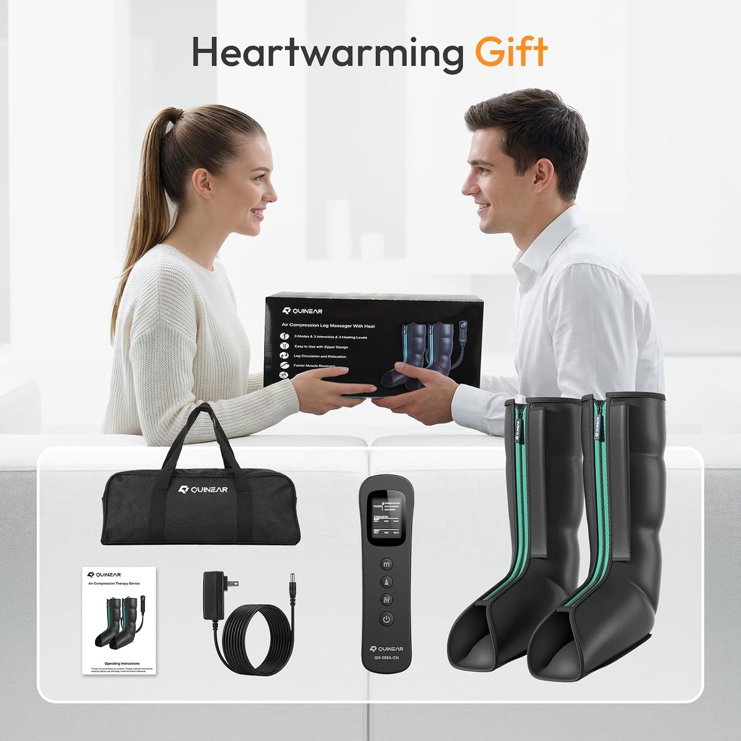 QUINEAR Leg Massager for Circulation and Pain Relief, Heating Leg Compression Massager with 3 Modes, Foot and Calf Massager with 3 Intensities 3 Heats - Gift for Mom and Dad