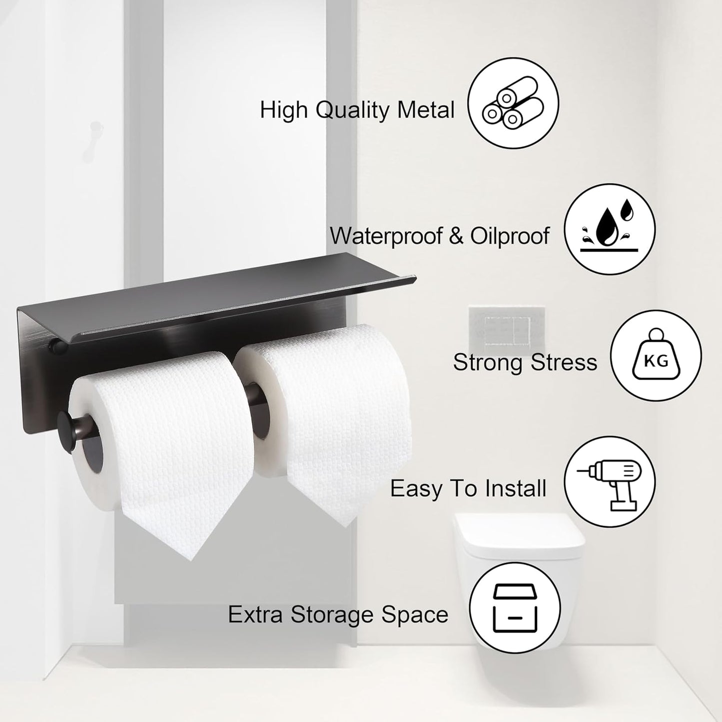 Black Toilet Paper Roll Holder with Shelf Wall Mounted for Bathroom (Black, Double Head)
