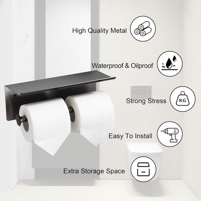 Black Toilet Paper Roll Holder with Shelf Wall Mounted for Bathroom (Black, Double Head)