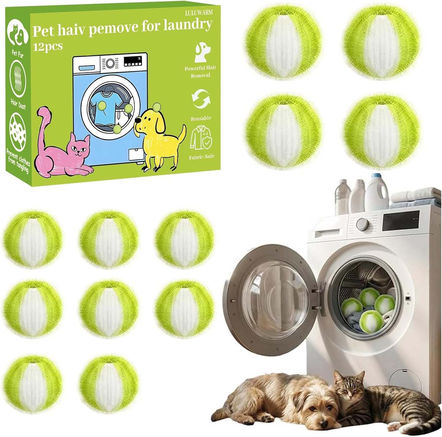 12 PCS Pet Hair Remover for Laundry, Reusable Hair Catcher | Reusable hair catcher helps reduce pet hair on clothes, bedding and blankets for cleaner laundry every wash.