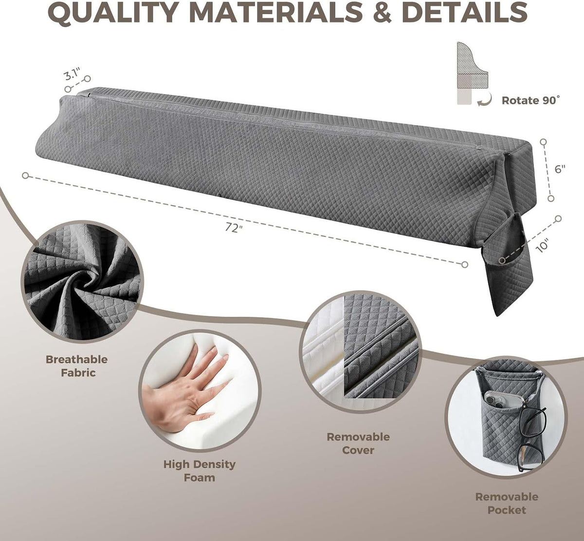 Bed Wedge Gap Filler Queen Size, Wedge Pillow for Headboard Gap, 60×10×6 in