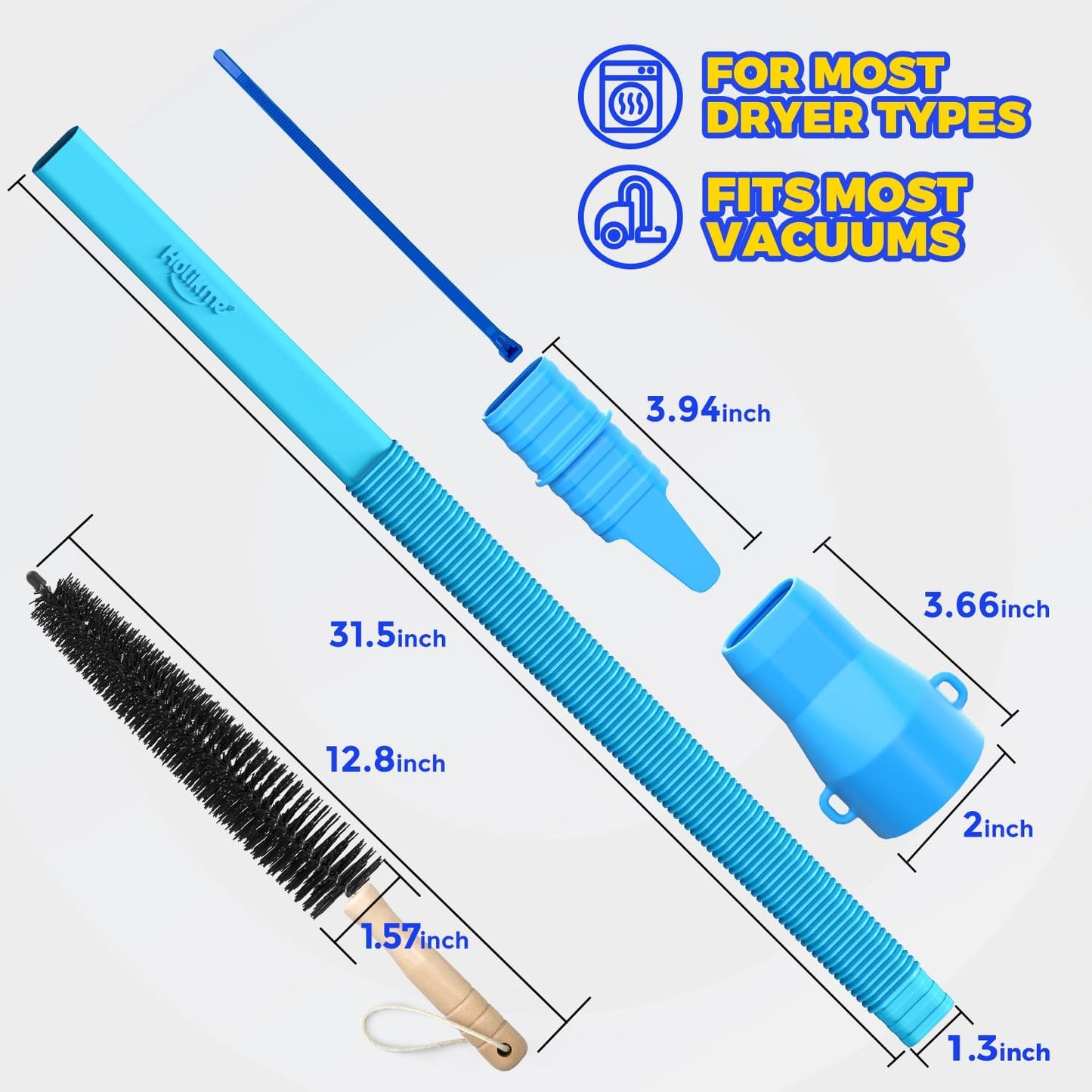 Holikme Dryer Vent Cleaner Kit, Vacuum Hose Attachment, 3-Piece, Blue | Remove Hidden Lint Buildup with a Flexible Brush, Vacuum-Assisted Cleaning and Quick Lint Removal for Tight Spaces