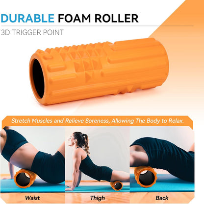 5 in 1 Foam Roller Set, High Density Patented Exercise Roller | Deep Tissue Massage Roller Stick, Massage Ball, Resistance Band for Pilates, Yoga, Whole Body Fitness Exercise, Orange