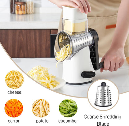 Weltonhm 4 in 1 Large Rotary Cheese Grater Hand Crank (black, 3 Graters) | Cheese Shredder Rotary and Slicer with 4 Stainless Steel Blades for Vegetables, Veggie and Cheese, Stronger Suction Base