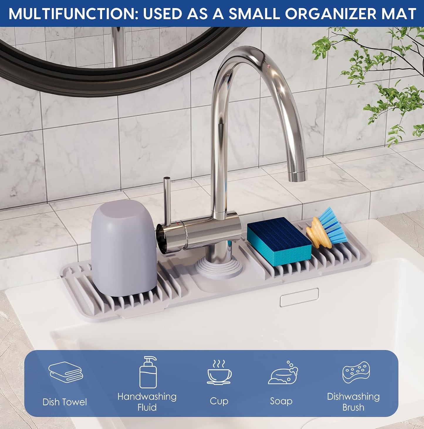24-Inch Silicone Faucet Mat for Kitchen Sink Splash Guard, 7° Slope | 24"x5.5" water draining mat with fasten button; 1.6-2.75" customizable hole for bathroom, RV & kitchen sink drip catcher.
