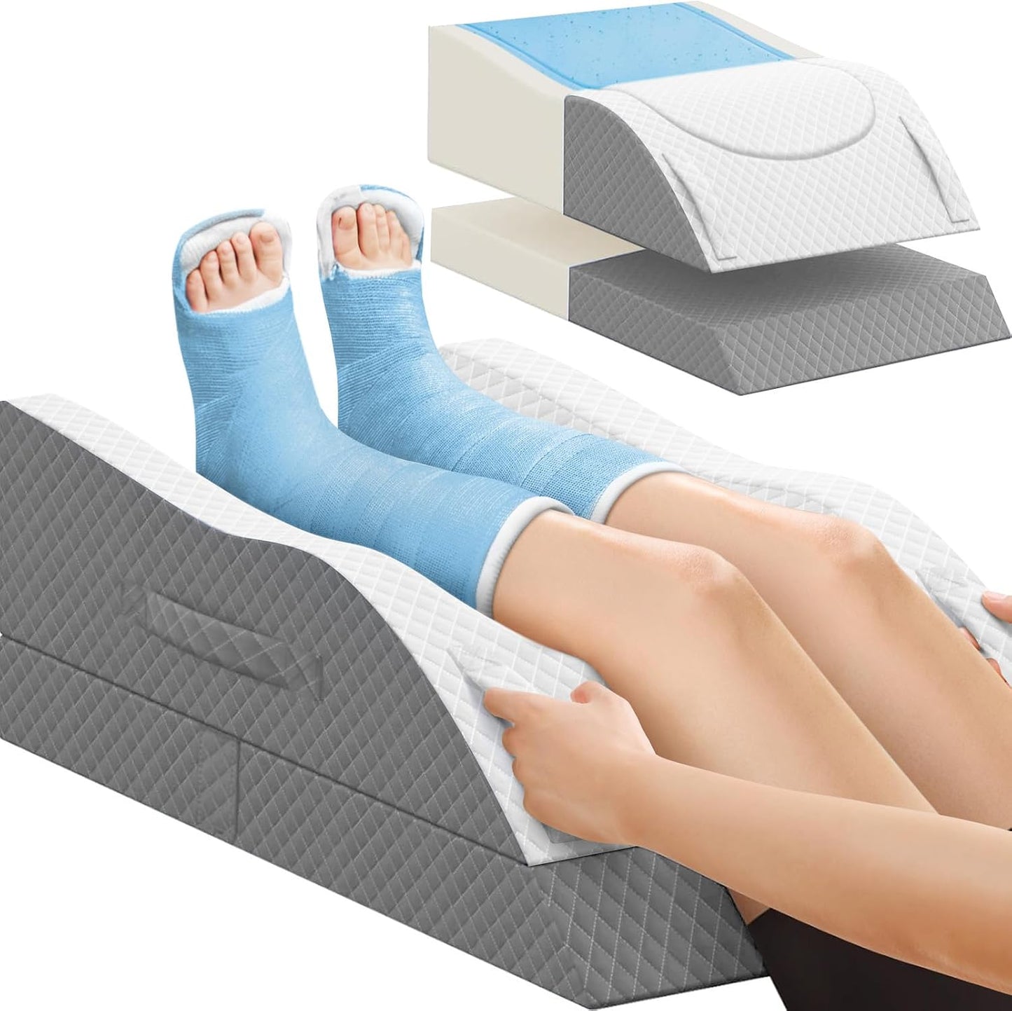 TranquilRelax Leg Elevation Pillows for After Surgery, Wedge Pillow, Grey | Memory Foam, All-around Knee & Ankle Support for Swelling, Height-adjustable, Nop-Slip Bottom, Washable Cover, Single-leg