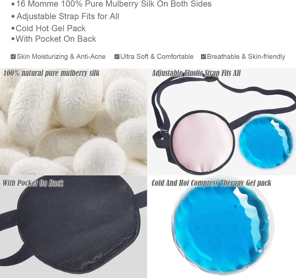 Cooling Eye Patches for Puffy Eyes, Pure Silk Ice Eye Patch, Single Eye Mask, Medical One Eye Cover Cold Hot Therapy Strabismus Lazy Eyes After Surgery Adult Kid Pirate Eyepatch (Black)