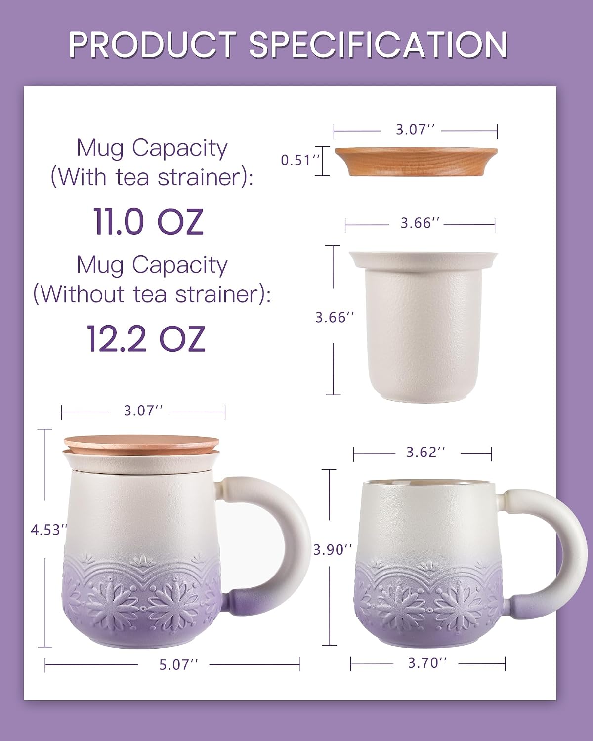 ZENS Tea Mug with Infuser and Lid for Loose Tea Diffusers, 12oz Purple | Embossed Ceramic Tea Cup with Infuser for Herbal Tea Steeper, Tea Lovers Gifts, Japandi Style Sunflower