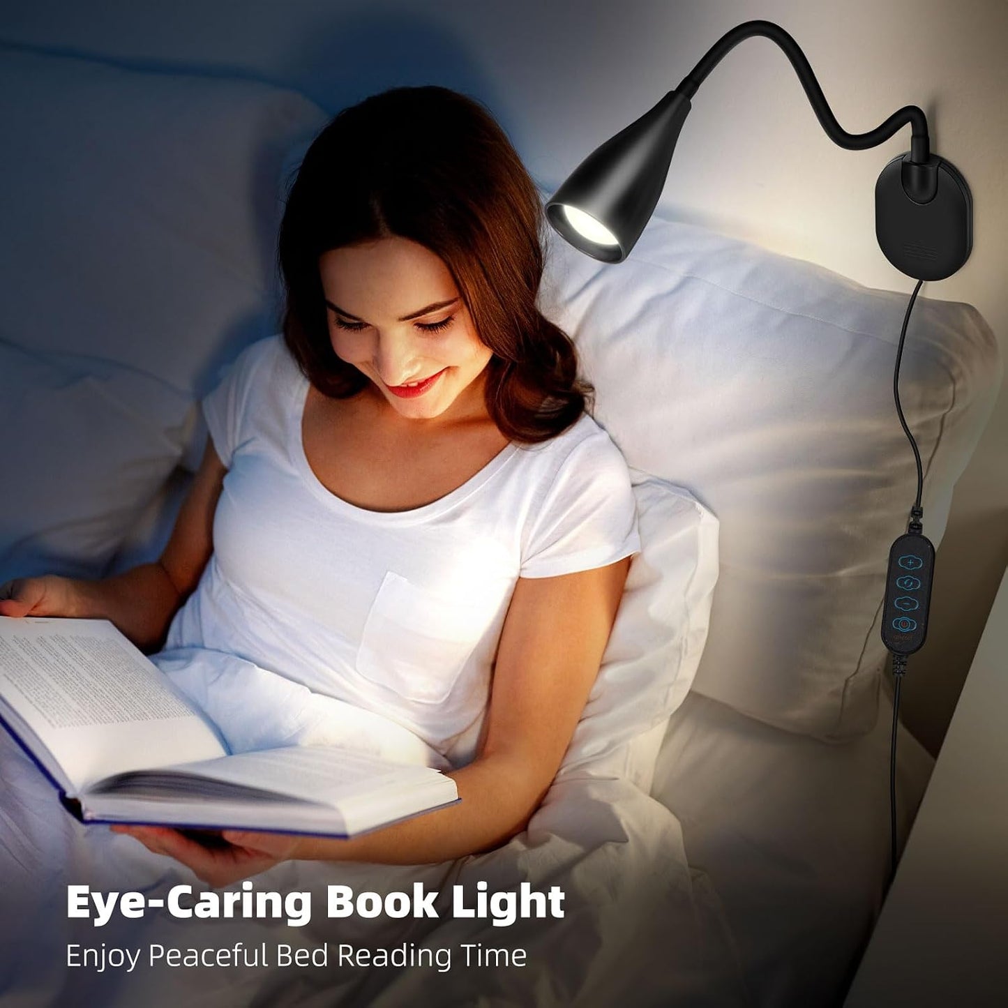 LiFMIRA Wall-Mounted LED Bedside Reading Light with USB Charging Port, 10-Level Dimmable & Adjustable 5 Color, Plug-in Adhesive Night Lamp for Books in Bed, Eye-Caring Bedroom Lighting (White)