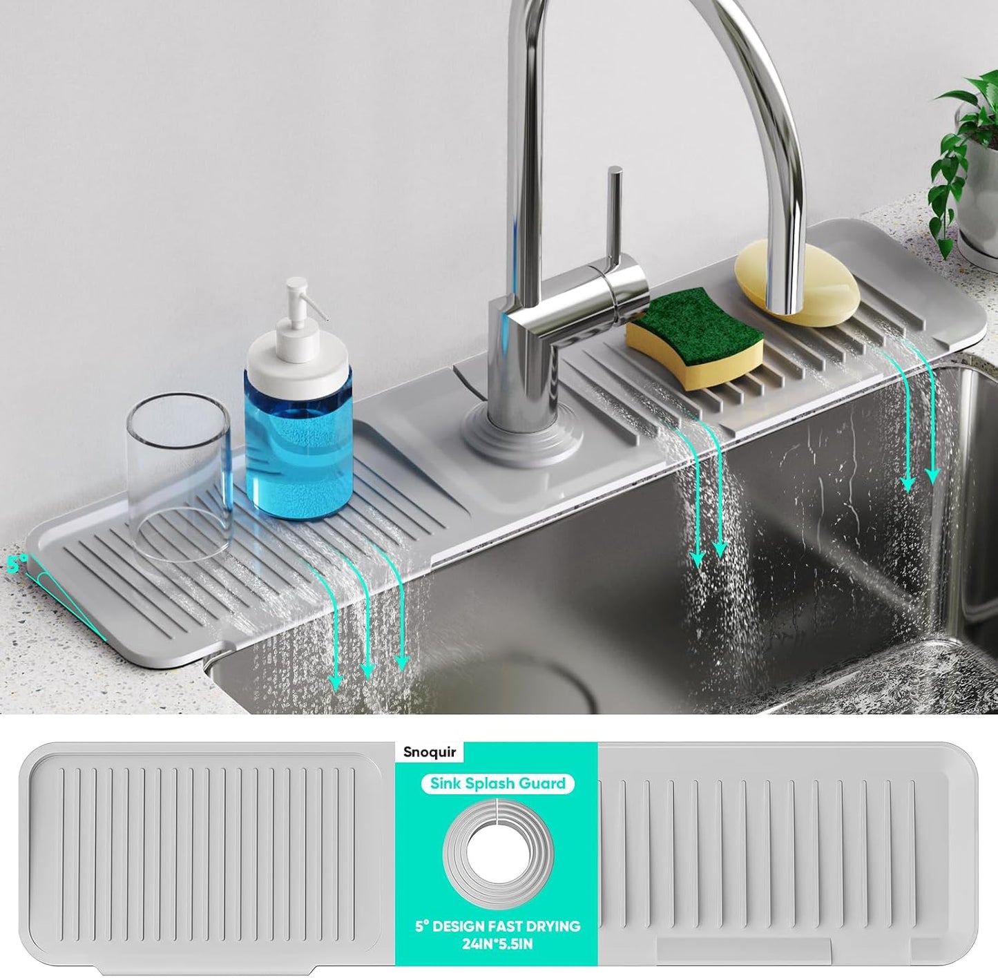 24 Inch Longer Faucet Mat for Kitchen Sink [5° Slope Fast Self-draining]Bathroom Kitchen Sink Splash Guard Silicone Sinks Faucet Mat Splash Guard for Kitchens Sinks Area Tidy Splashs Draining Mats