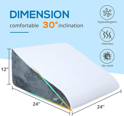 Sasttie Wedge Pillow 24x24x12 inch, Memory Foam Bed Wedge, Cool Grey | Triangle Pillow for Sleeping, Acid Reflux, Back Pain, Post-Surgery, and Snoring, Designed with Removable Washable Cover