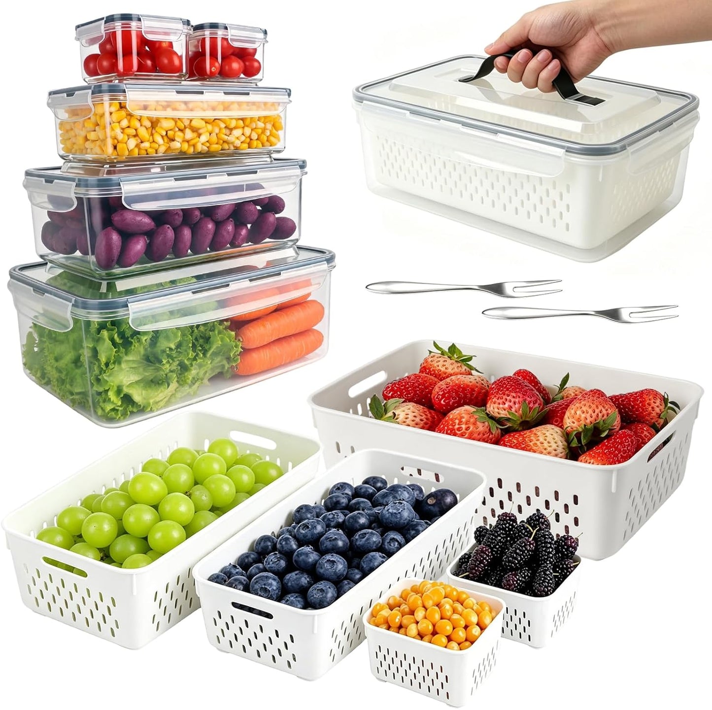 5-Pack Fruit Storage Containers for Fridge with Removable Colanders & Lids | Clear Plastic Produce Storage Containers for Fruits, Veggies, Salad, Berries | Leak-Proof, Microwave Safe