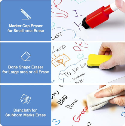4 PACK Magnetic Dry Erase Board Sheet for Fridge, 12"x8" Erasable Refrigerator WhiteBoard w/ 6 Markers & 1 Eraser- Smooth and Flexible Small Magnet Blank Notepad for Home Kitchen Organizer and Planner