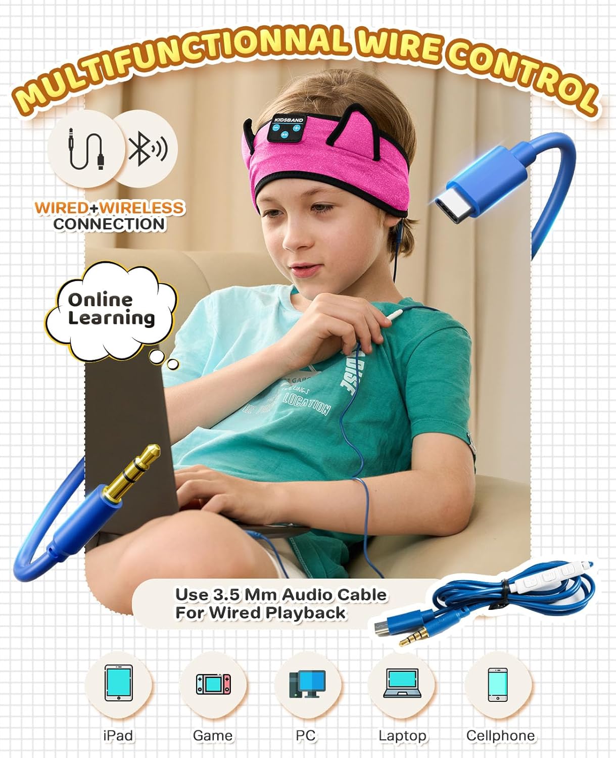 KIDSBAND Kids Bluetooth Headphones, Sleep Headband [Wireless & Wired Playback 2in1] Foldable Headphones for School/Travel/Tablet/Sleep