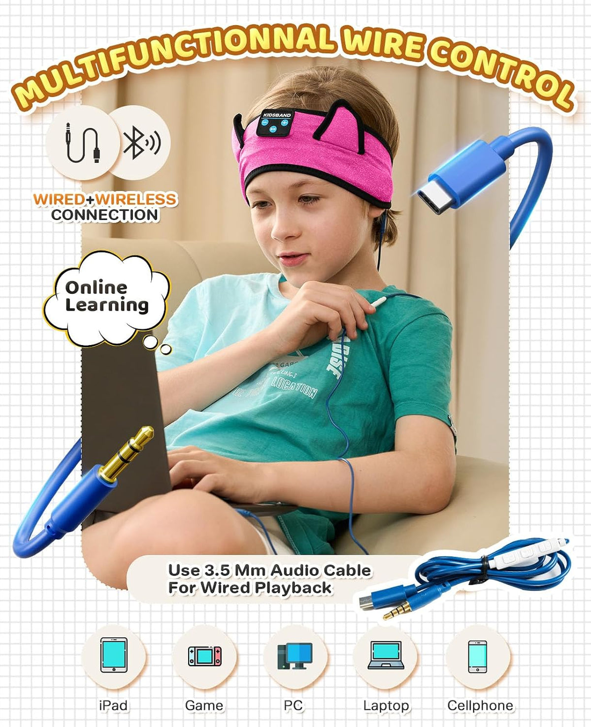 KIDSBAND Kids Bluetooth Headphones, Sleep Headband [Wireless & Wired Playback 2in1] Foldable Headphones for School/Travel/Tablet/Sleep