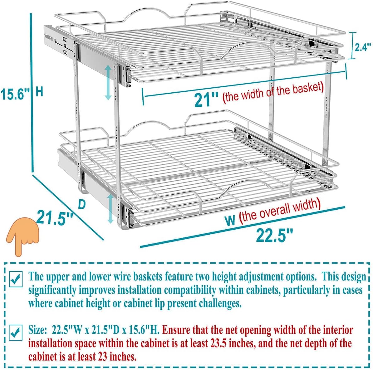 OCG Pull Out Cabinet Organizer (15" W x 21" D), Pull out Drawers, Cabinet Pull Out Shelves for Base Cabinet Organization in Kitchen Bathroom Pantry, Bottom Mount, Chrome Finish