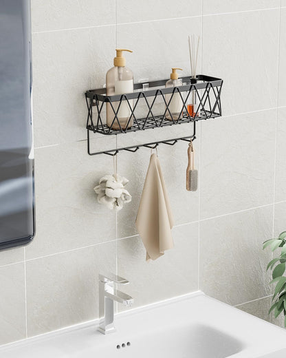 Key Holder for Wall - Key Rack with 5 Key Hooks, 11.02" L×2.75" W×4.92" H, Key and Mail Organizer Wall Mount with Mesh Basket, Key Hanger for Wall, Entryway, Home Decor(Matte Black)