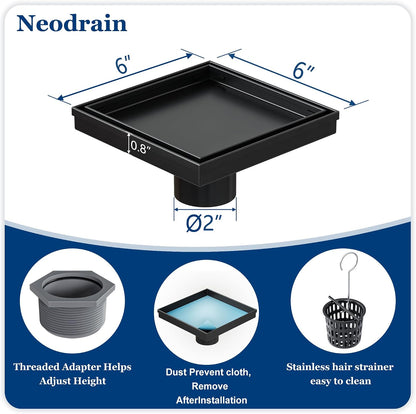 Neodrain 4" Brushed Square Shower Drain with Removable Tile Insert Grate | 304 Stainless Steel Tile Square Drain, Hidden Drain,Easy to Clean, Waterproof & Sturdy Shower Drain, CUPC Certified