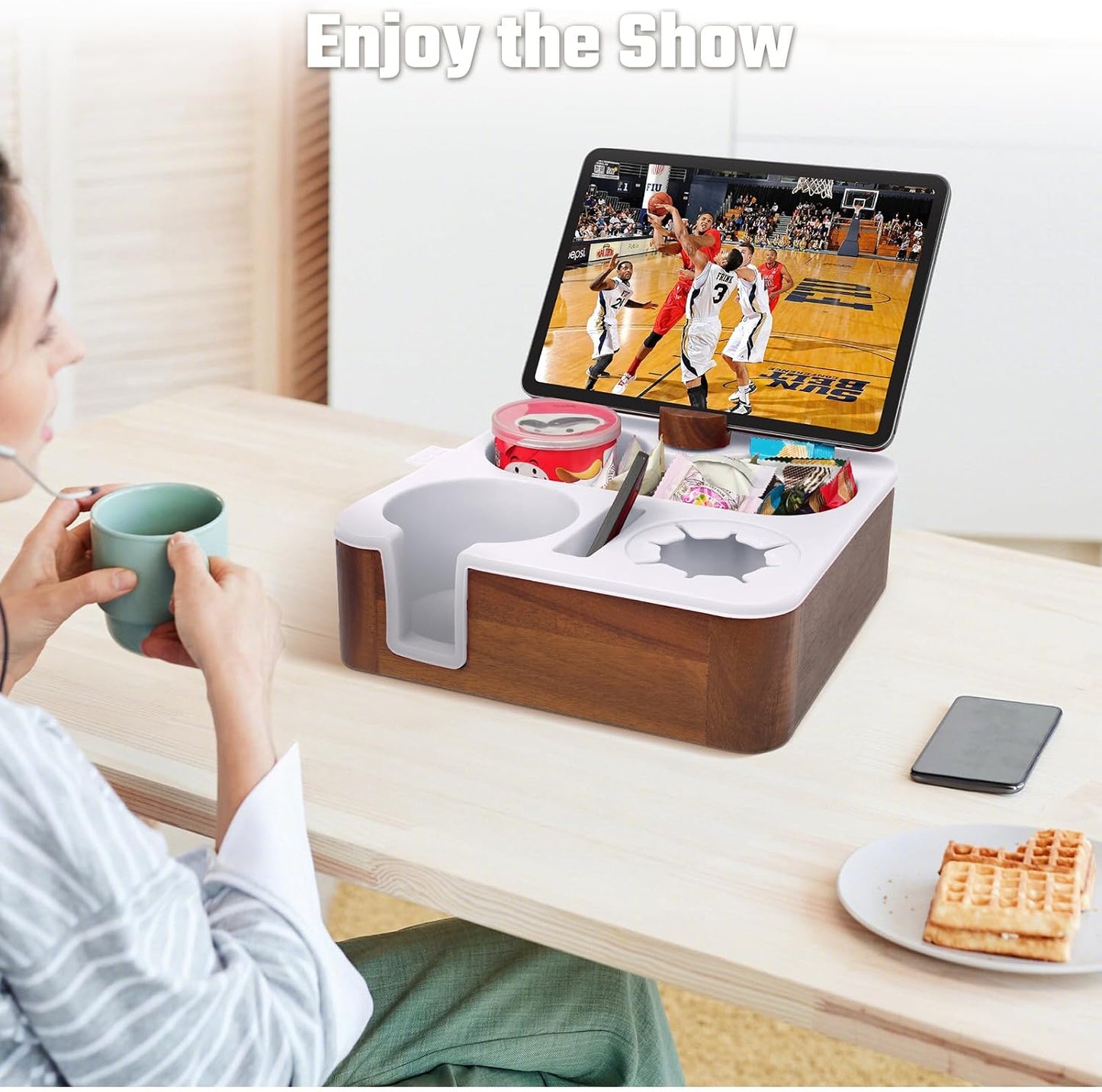 Couch Cup Holder Tray, Real Acacia Wooden Caddy with Soft Silicone, Snack and Drink Organizer- Perfect Movie Night Accessories for Bed, Remote and Cup Holders for Sofa (Black)