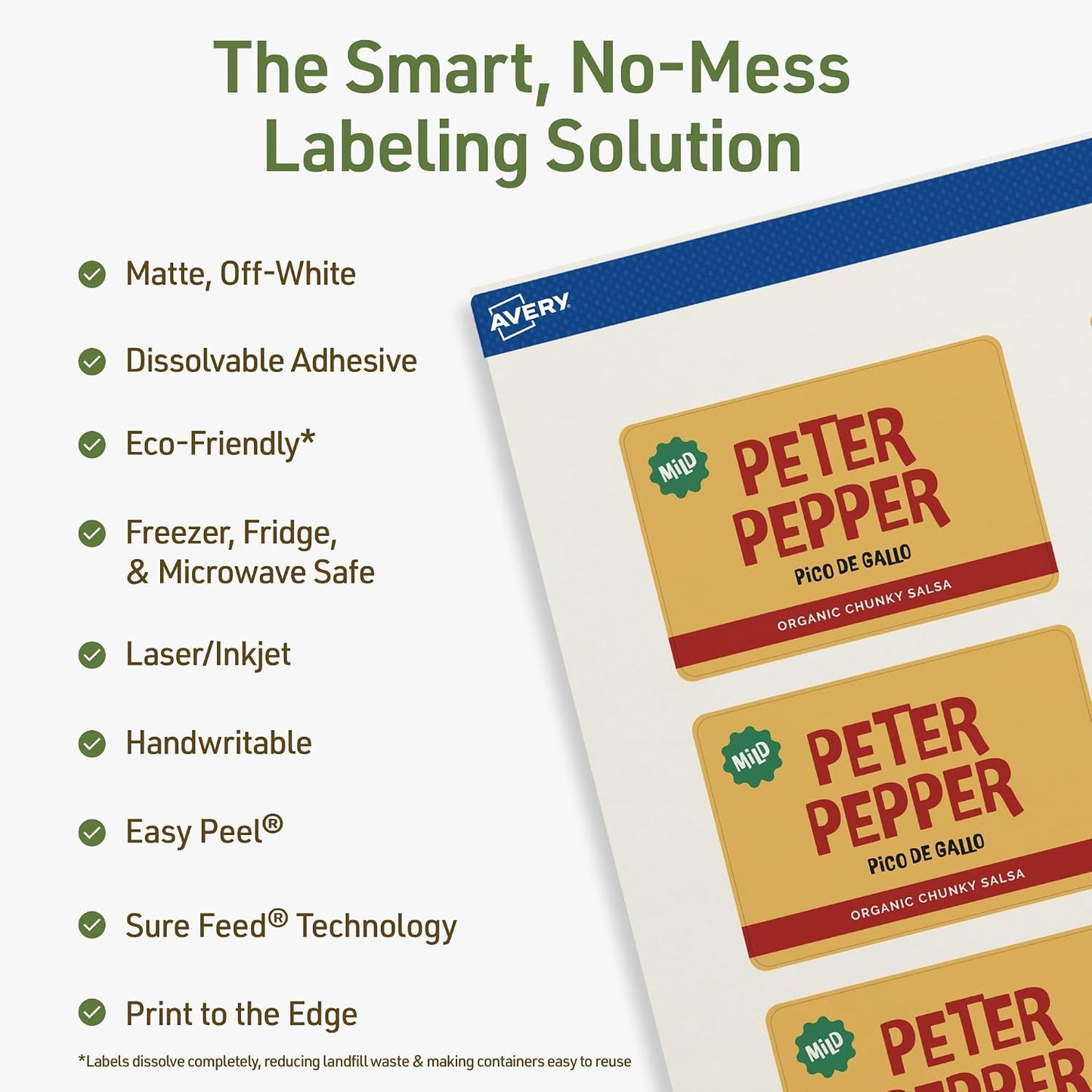 Avery Dissolvable Rectangle Labels, Sure Feed Technology, 2" x 3", Matte White, Print-to-The-Edge, Laser/Inkjet Printable, 40 Labels Total