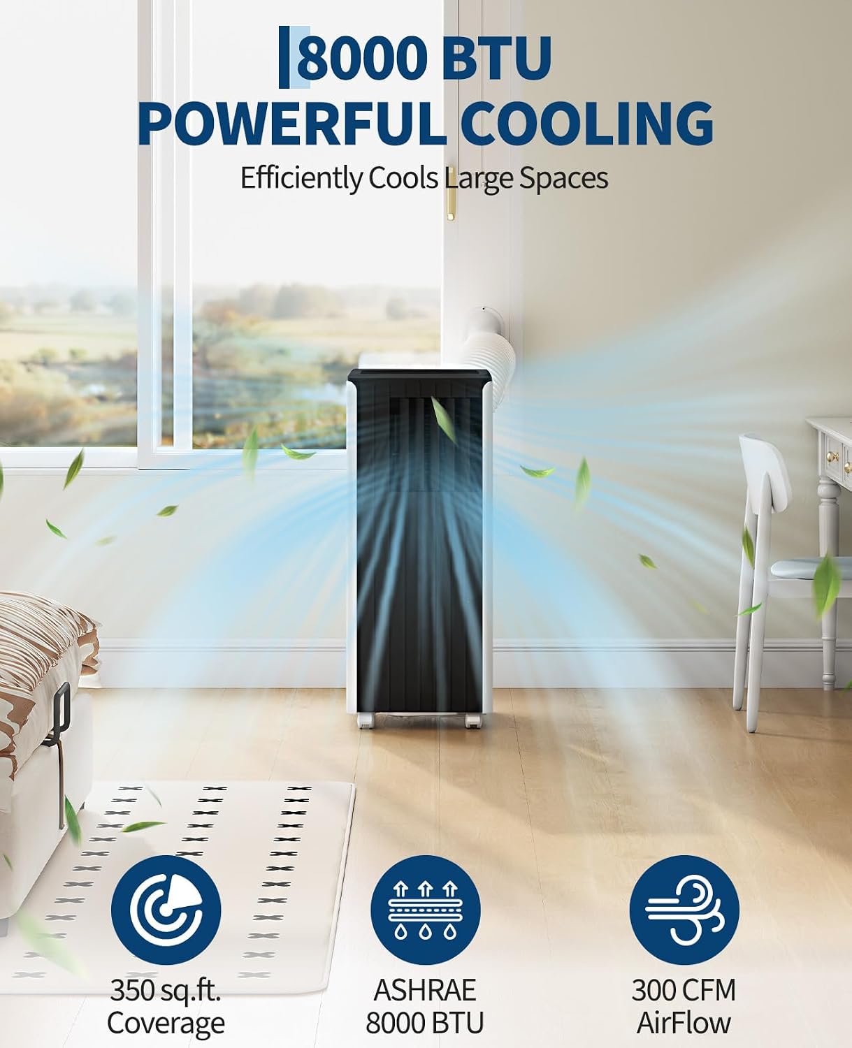 10000 BTU Portable Air Conditioner, 3 In1 Cooling Dehumidifier Fan, Quiet Fast Cooling, 4 Way Swing, LED Display, Remote, 24H Timer, 360° Wheels, Window Kit, Cools Rooms Up to 450 Sq.ft