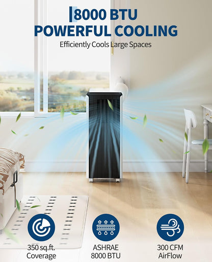 10000 BTU Portable Air Conditioner, 3 In1 Cooling Dehumidifier Fan, Quiet Fast Cooling, 4 Way Swing, LED Display, Remote, 24H Timer, 360° Wheels, Window Kit, Cools Rooms Up to 450 Sq.ft